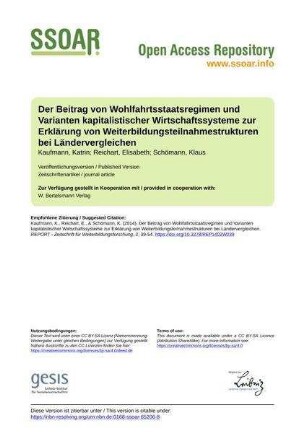 Der Beitrag von Wohlfahrtsstaatsregimen und Varianten kapitalistischer Wirtschaftssysteme zur Erklärung von Weiterbildungsteilnahmestrukturen bei Ländervergleichen