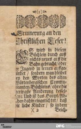 Erinnerung an den Christlichen Leser!