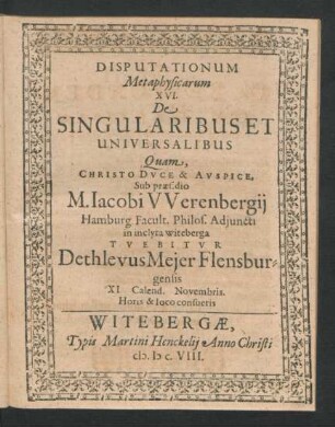 Disputationum Metaphysicarum XVI. De Singularibus Et Universalibus