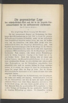 Die gegenwärtige Lage der nichtchristlichen Welt und die in ihr liegende Verantwortlichkeit für die missionierende Christenheit