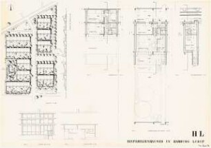 Einfamilienhäuser, Hamburg-Lurup: Lageplan, 1:500, Ansichten S und N, Grundrisse Ober- und Kellergeschosse, 1:50