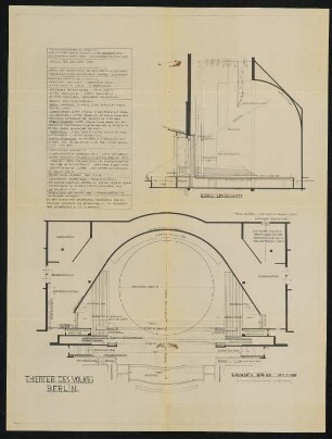 Großes Schauspielhaus (auch: Theater des Volkes, Friedrichstadtpalast), Berlin: Grundriss und Längsschnitt Bühne 1:100, Informationen zur Bühnentechnik
