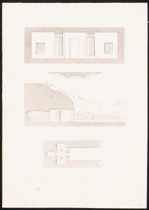 Felsentempel in Ägypten: Druck von Inv.Nr. 44898: Grundriss, Längsschnitt, Ansicht Rückwand Säulenkammer mit sitzenden Statuen