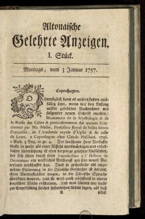 I. Stück. Montags, vom 3 Januar 1757