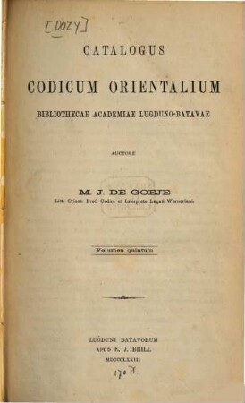 Catalogus codicum orientalium Bibliothecae Academiae Lugduno-Batavae, 5