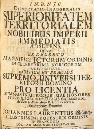 Dissertatio Inauguralis Superioritatem Territorialem Nobilibus Imperii Immediatis Adserens