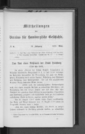 Das Amt eines Archivars der Stadt Hamburg 1710 bis 1891.
