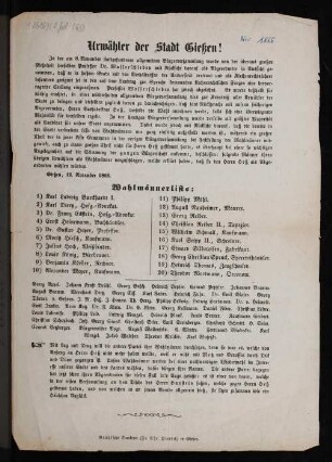 Urwähler der Stadt Gießen! : [Bürgerversammlung zur Wahl eines neuen Wahlmanns]