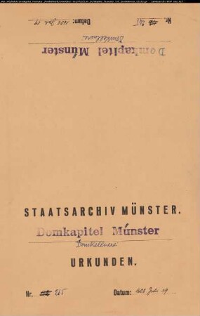 Wennemar von Aschebrock, Domkellner zu Münster, läßt die Eigenhörige Margarete Heymans, Tochter des Ehepaars Bernhard und Else Heymans im Kirchspiel Roxel Bauerschaft Schonebeck, frei. Siegelankündigung.