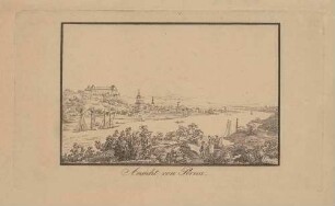 Stadtansicht von Pirna mit dem Sonnenstein und der Marienkirche von Nordosten über die Elbe