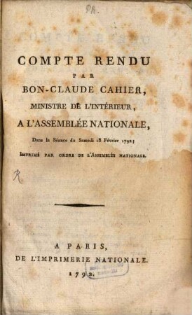 Compte rendu ... a l'Assemblée nationale