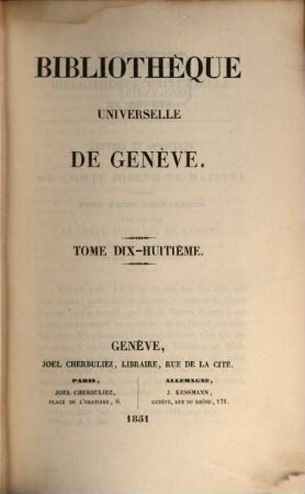 Bibliothèque universelle de Genève. 18. 1851