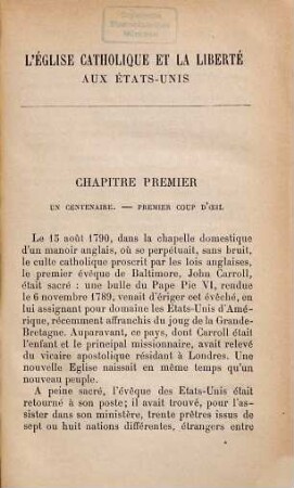 L' église catholique et la liberté aux États-Unis