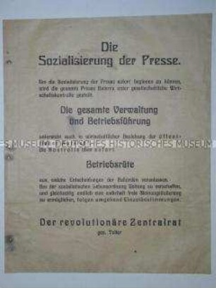 Flugblatt mit der Verkündung der Sozialisierung der Presse in der Münchner Räterepublik