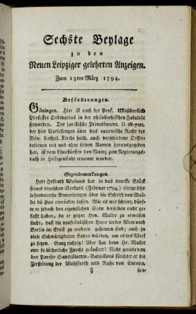 Sechste Beylage zu den Neuen Leipziger gelehrten Anzeigen. Zum 15ten März 1794.