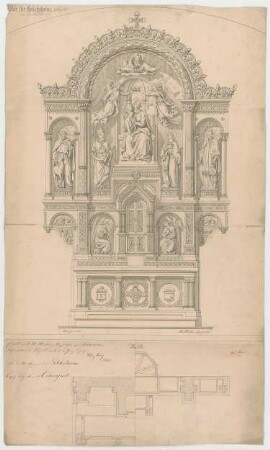 Müller, Josef Anton; Gelchsheim bei Ochsenfurt; Pfarrkirche - Hochaltar (Grundriss m. Schnitt, Ansicht)