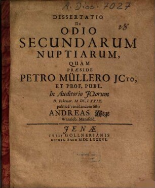 Dissertatio De Odio Secundarum Nuptiarum