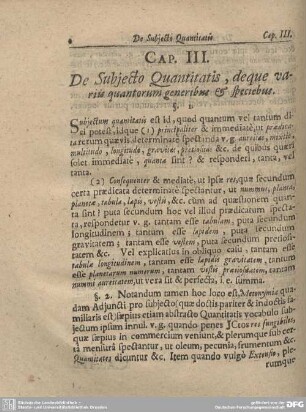 CAP. III. De Subjecto Quantitatis, deque variis quantorum generibus & speciebus.