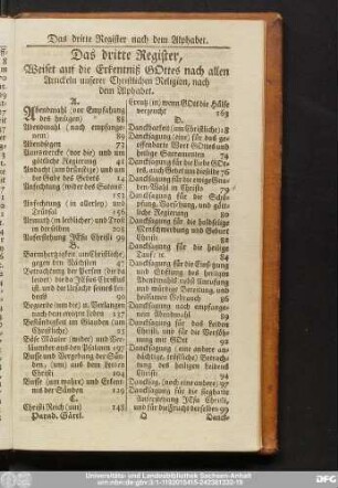 Das dritte Register, Weiset auf die Erkentniß Gottes nach allen Artickeln unserer Christlichen Religion, nach dem Alphabet.