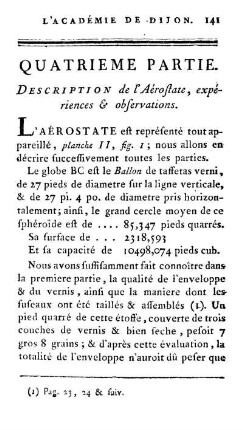 Quatrieme Partie. Description de l'Aérostate, expériences & observations.