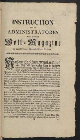 Instruction vor die Administratores derer publiquen Woll-Magazine in verschiedenen Churmärckschen Städten