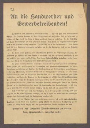 "An die Handwerker und Gewerbetreibenden!"