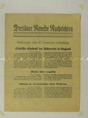 Nachrichtenblatt der "Dresdner Neueste Nachrichten" u.a. zur Reaktion in Großbritannien auf die Rede Hitlers