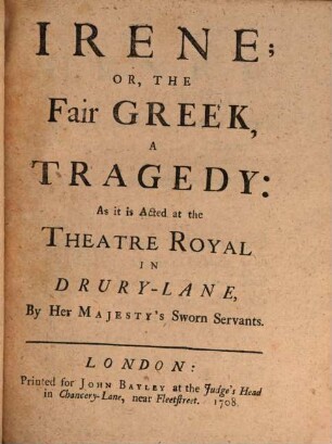 Irene, or the fair Greek : A Tragedy