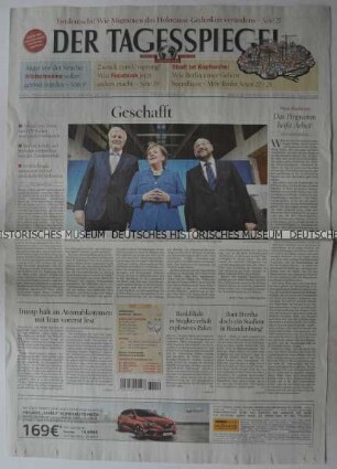 Tageszeitung "Der Tagesspiegel" mit Titel zur Regierungsbildung in Deutschland