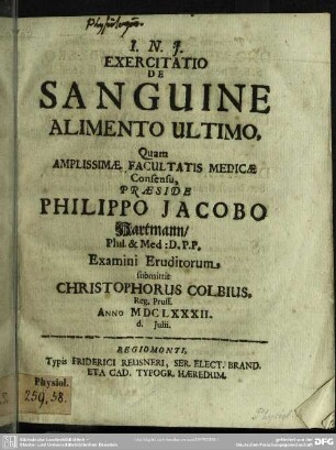 Exercitatio de sanguine alimento ultimo