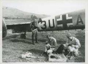 Angehörige der Luftwaffe streicheln Hundewelpen auf einem Flugfeld