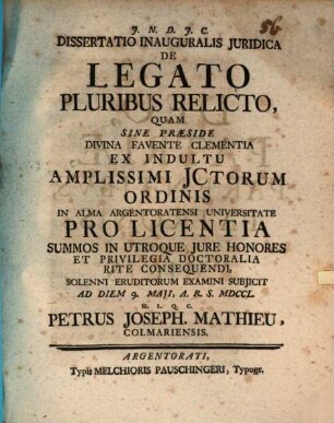 Diss. inaug. iur. de legato, pluribus relicto