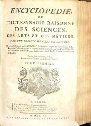 Encyclopédie Ou Dictionnaire Raisonné Des Sciences, Des Arts Et Des Métiers, 1. [A]