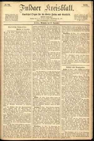 Erste Ausgabe vom Mittwoch, den 26. November 1873.