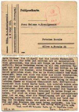 Vordruck-Postkarte von Harald von Koenigswald aus dem Kriegsgefangenenlager Lister in Norwegen an seine Ehefrau in Potsdam - Familienkonvolut