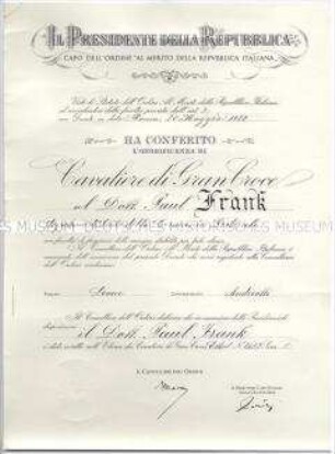 Verleihungsurkunde zum Verdienstorden der Italienischen Republik (Großkreuz), mit Rolle