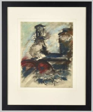 Aquarell, Zeche mit Förderturm