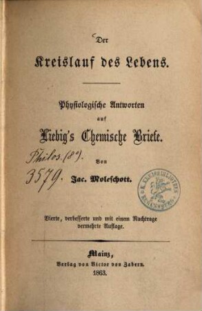 Der Kreislauf des Lebens : Physiologische Antworten auf Liebig's Chemische Briefe