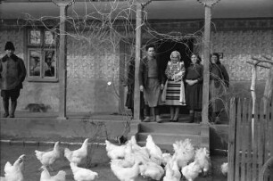 Parta: Hof mit Hühnern, im Hintergrund rumänisches Bauernmädchen in Tracht