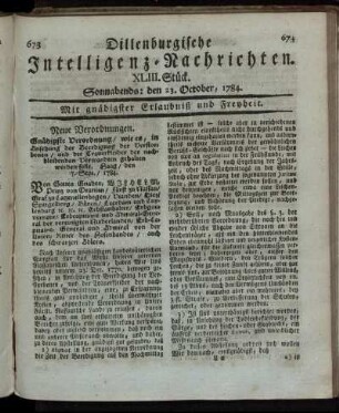 XLIII. Stück. Sonnabends: den 23. October, 1784.