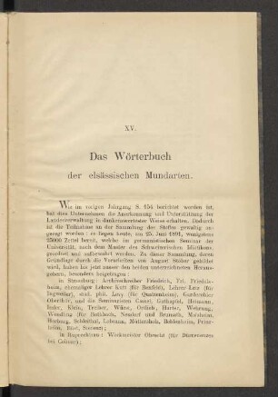 XV. Das Wörterbuch des elsässischen Mundarten.
