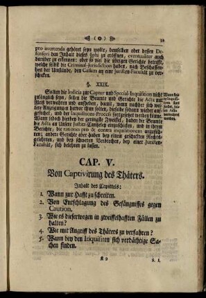 Cap. V. Von der Captivirung des Thäters. - Cap. VII. Von der Special- Inquisition.