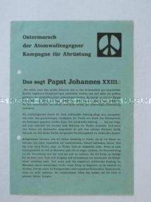 Propagandaflugblatt der Kampagne für Abrüstung mit einem Kommentar vom Papst Johannes XXIII.