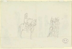 Ein Soldat zu Pferde und drei stehende Soldaten in verschiedenen Uniformen