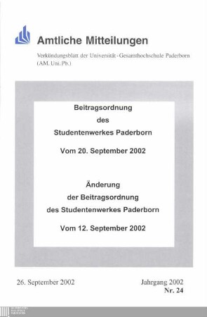 Beitragsordnung des Studentenwerkes Paderborn : vom 20. September 2002