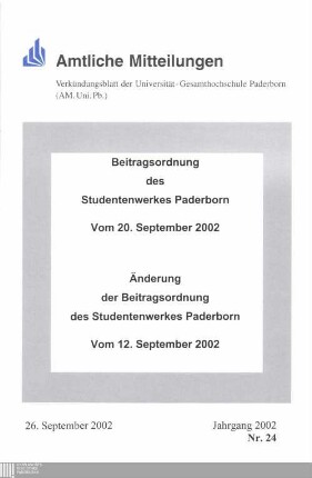 Beitragsordnung des Studentenwerkes Paderborn : vom 20. September 2002