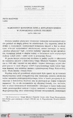 46.1998: Narodziny koncepcji dzieła metaforycznego w powojennej sztuce polskiej : lata 1945 - 1949