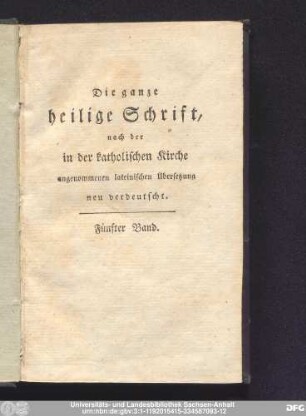 Fünfter Band = fünfter Band: Bibel: Altes Testament