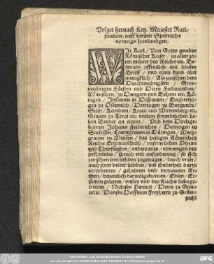 Volget hernach Key. Maiestet Ratification/ auff berürte Speyrische vortrags hanlundgen.