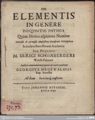 De Elementis In Genere Disquisitio Physica
